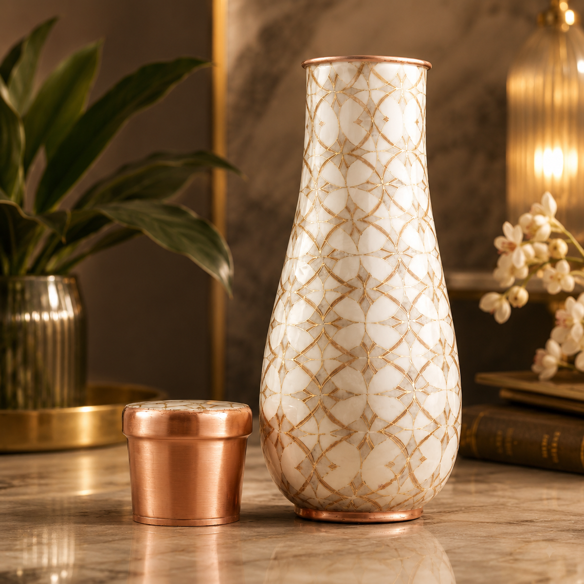 Certified Pure Copper Bedroom Bottle with Golden Print Design Block Print - 1500 ML