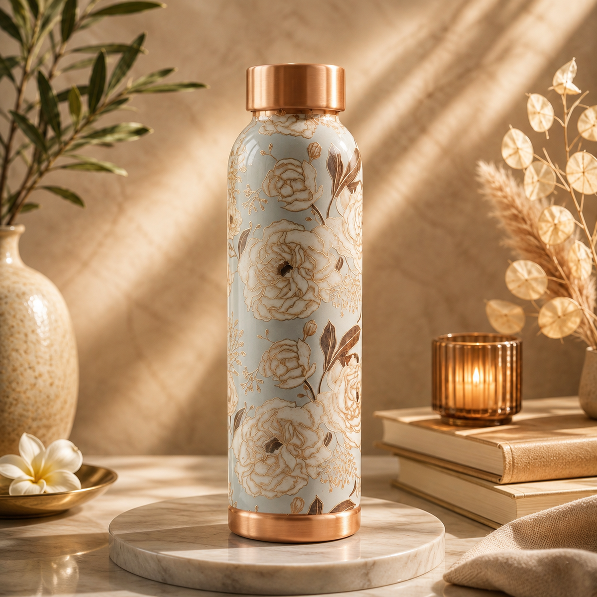 Certified Pure Copper Bottle Gold Flower Print - 900 ML