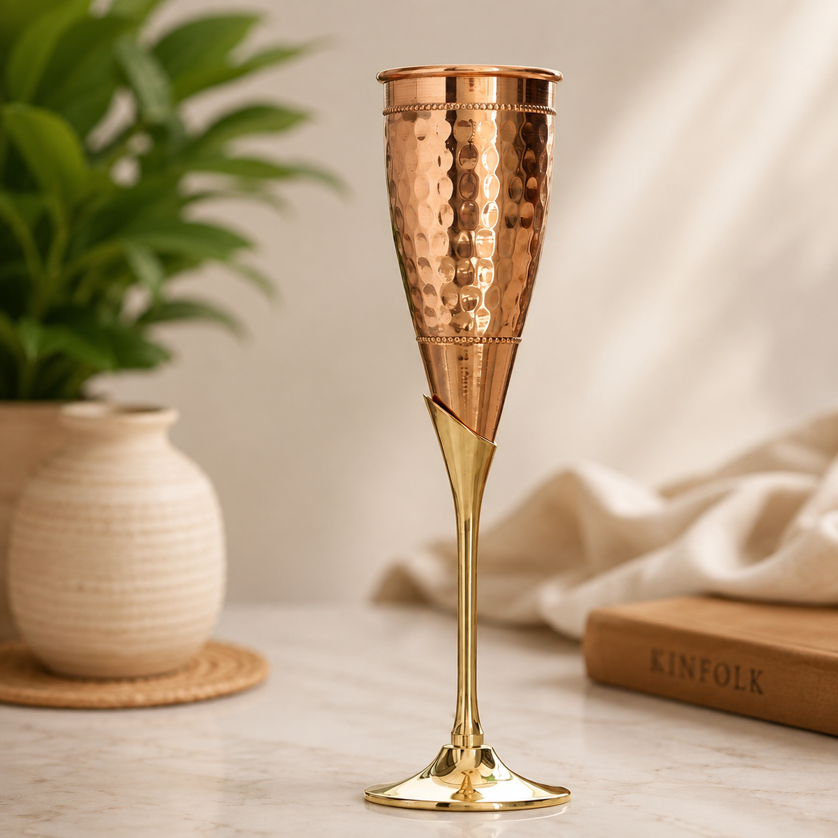 Premium Copper Champagne Glass with Beautiful Brass Stand – Stylish and Handcrafted Design Hammered