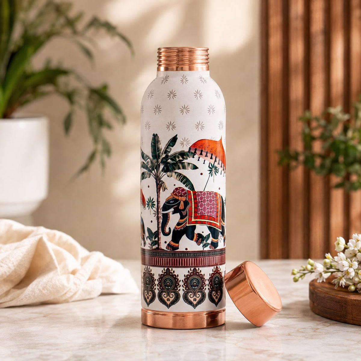 Certified Pure Copper Kalakriti Handcrafted Elephant Walk Printed Bottle - 900 ML