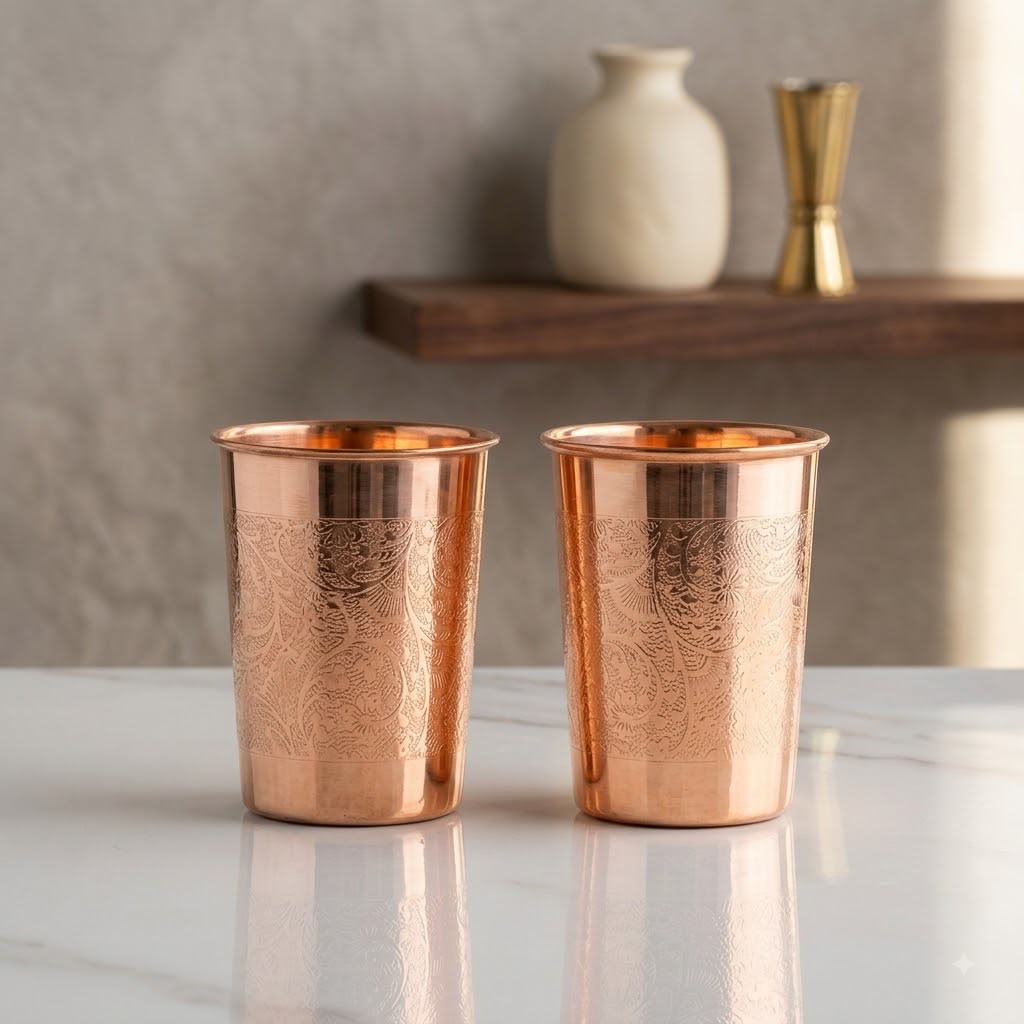Pure Copper Glass With Handcrafted Floral Embossed Design 275 ML