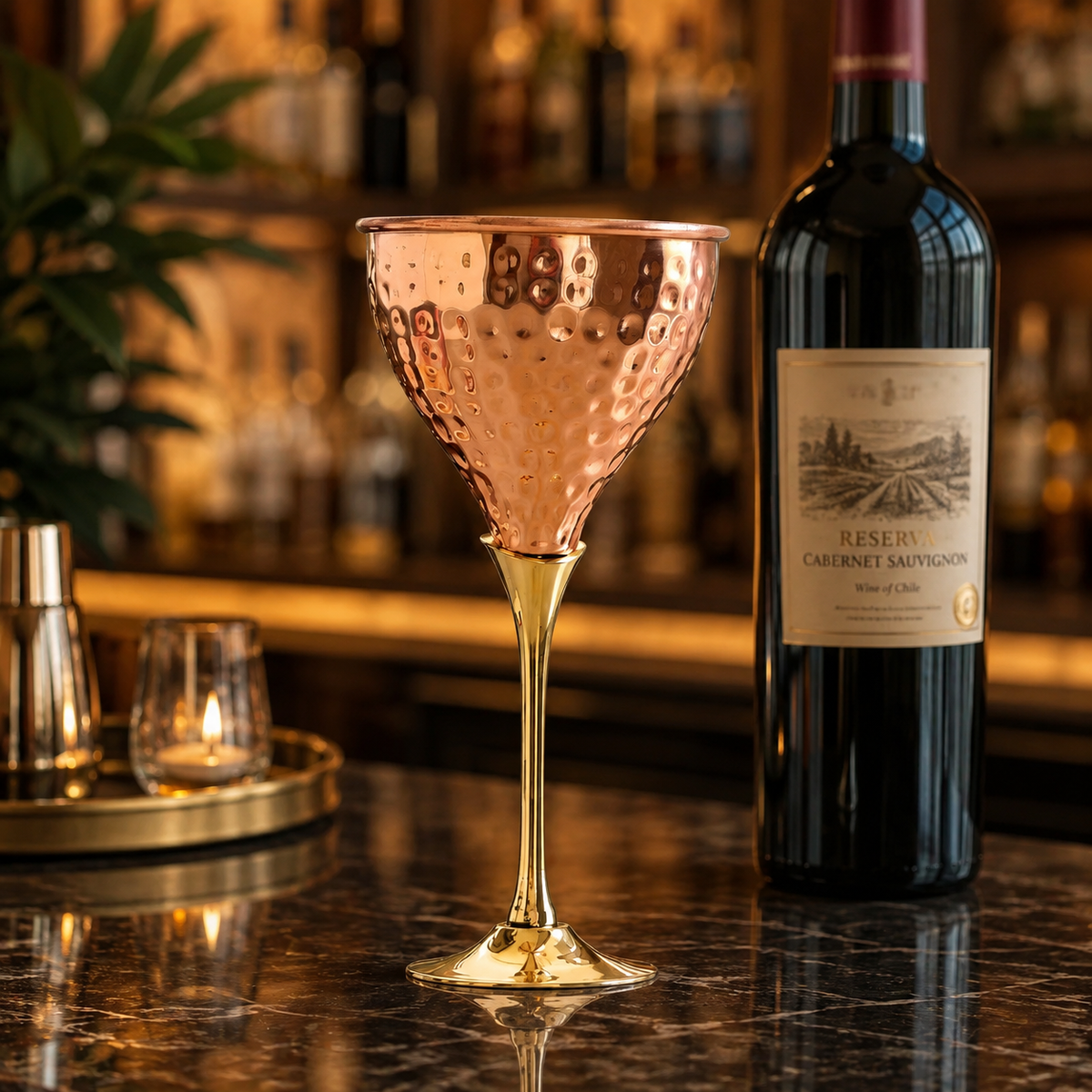 Pure Copper Hammered Design Wine Glass with Brass Stand