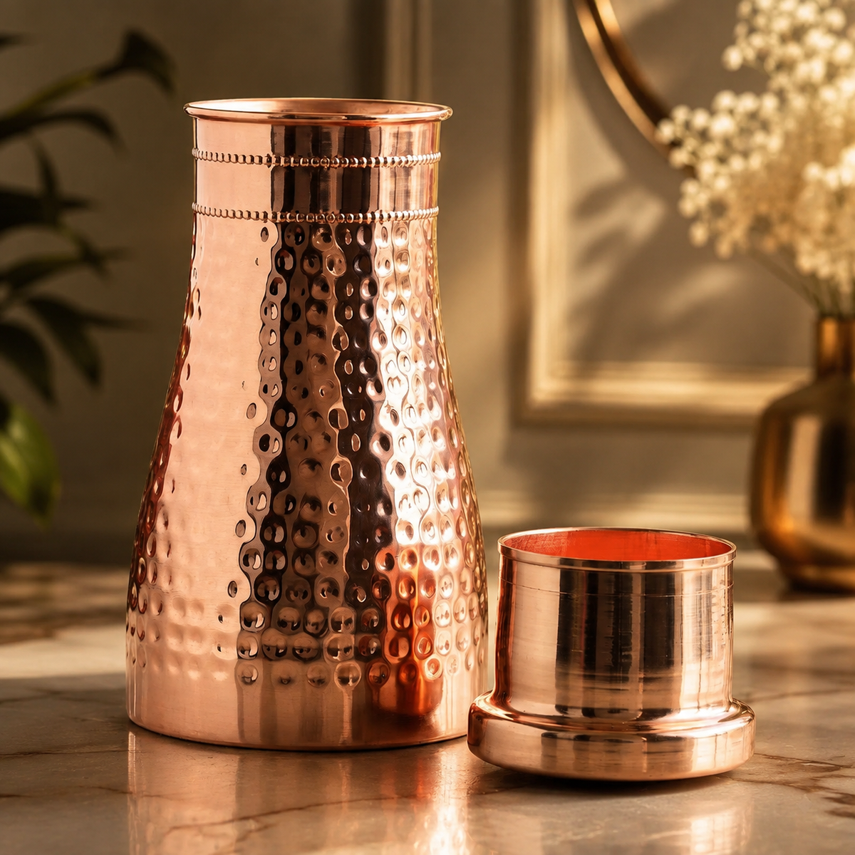 Certified Pure Copper Bedroom Water Bottle with Inbuilt Glass - Shine - 950ml