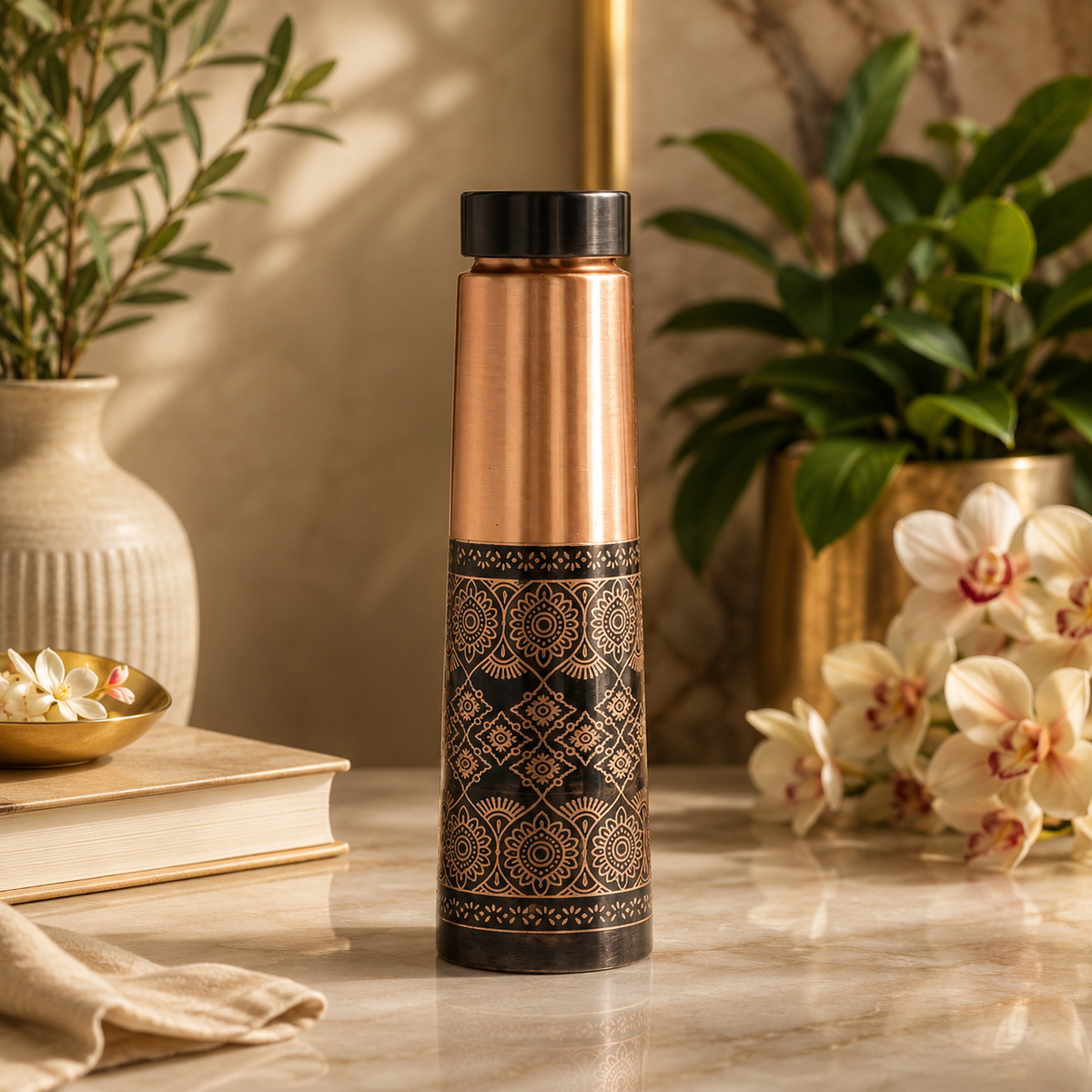 Certified Pure Copper Antique Dark Embossed Design Bottle - 800ML
